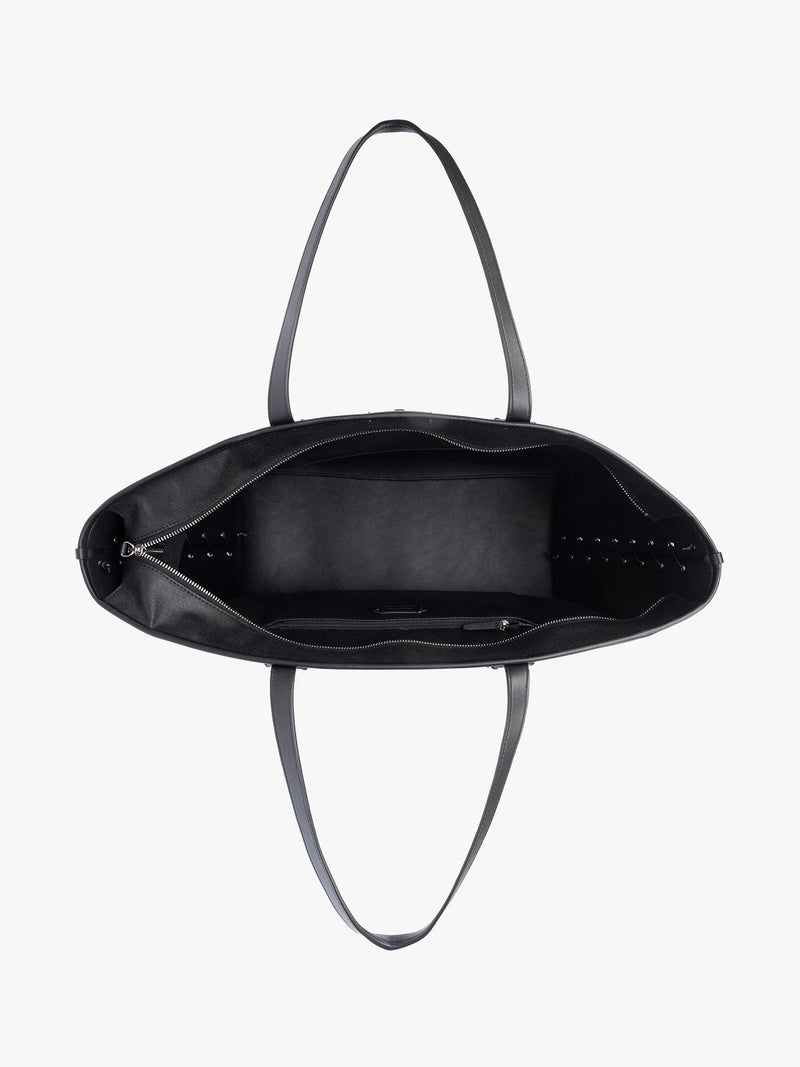 Opened CALPAK Colette 15" Canvas Laptop Tote with zipper and interior pockets in black canvas material