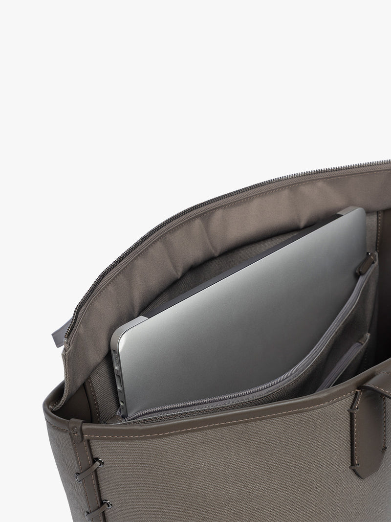 Laptop sleeve of CALPAK Colette 15" Canvas Laptop Tote with zipper and interior laptop sleeve in brown canvas material