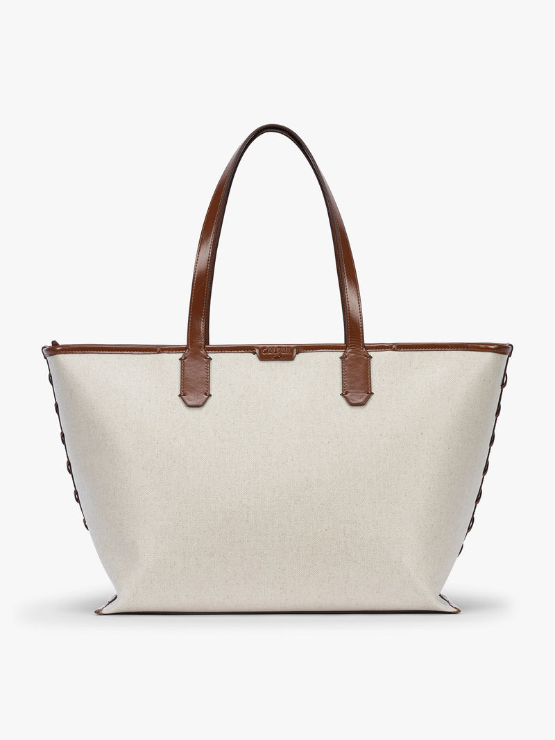 CALPAK Colette 15" Canvas Laptop Tote in beige canvas material with brown finishing in Natural Brown