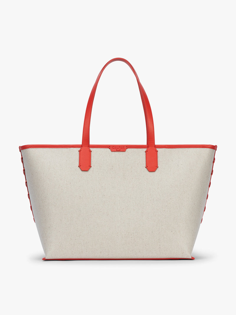 CALPAK Colette 15" Canvas Laptop Tote in beige canvas material  with red finishing in Natural Tomato