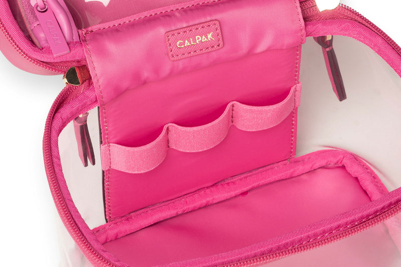 CALPAK Clear Train Case in pink Dragonfruit opened view showing interior