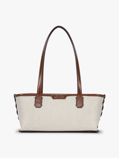 CALPAK Colette Canvas Shoulder Tote in beige canvas material and brown finishing; CLST2601-NATURAL-BROWN view 1