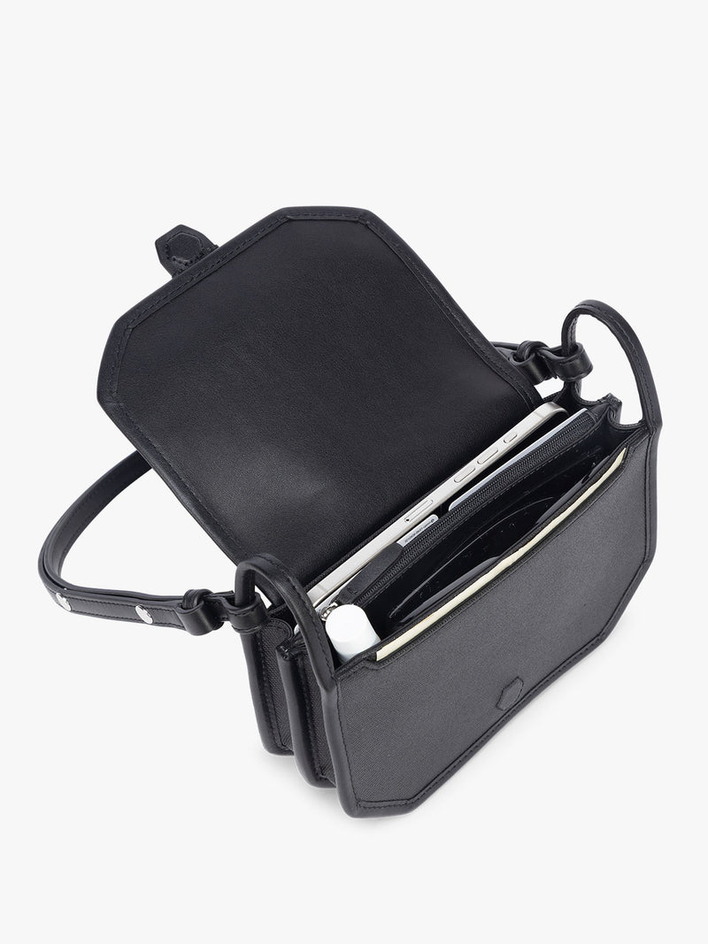 Opened CALPAK Colette Canvas Crossbody Wallet Bag in black canvas material