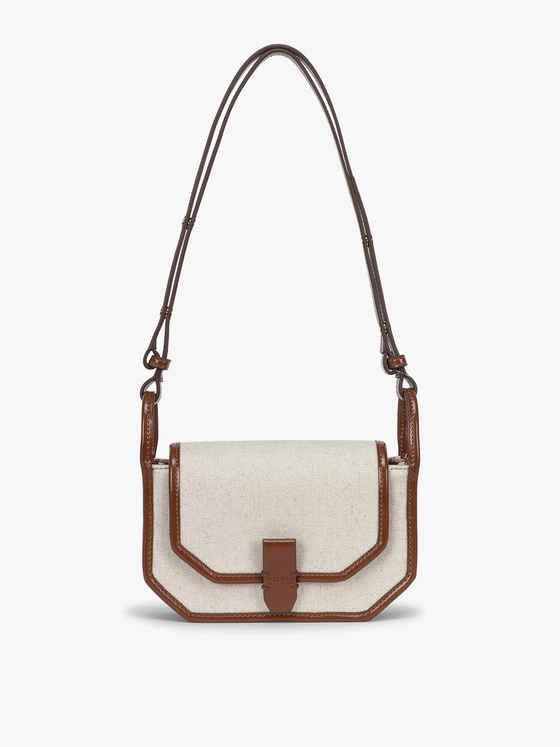 CALPAK Colette Canvas Crossbody Wallet Bag in Natural Brown with beige canvas material and brown finishing