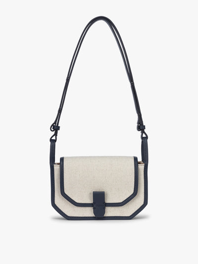 CALPAK Colette Canvas Crossbody Wallet Bag in Natural Brown with beige canvas material and blue finishing; CLWC2601-NATURAL-NAVY view 1