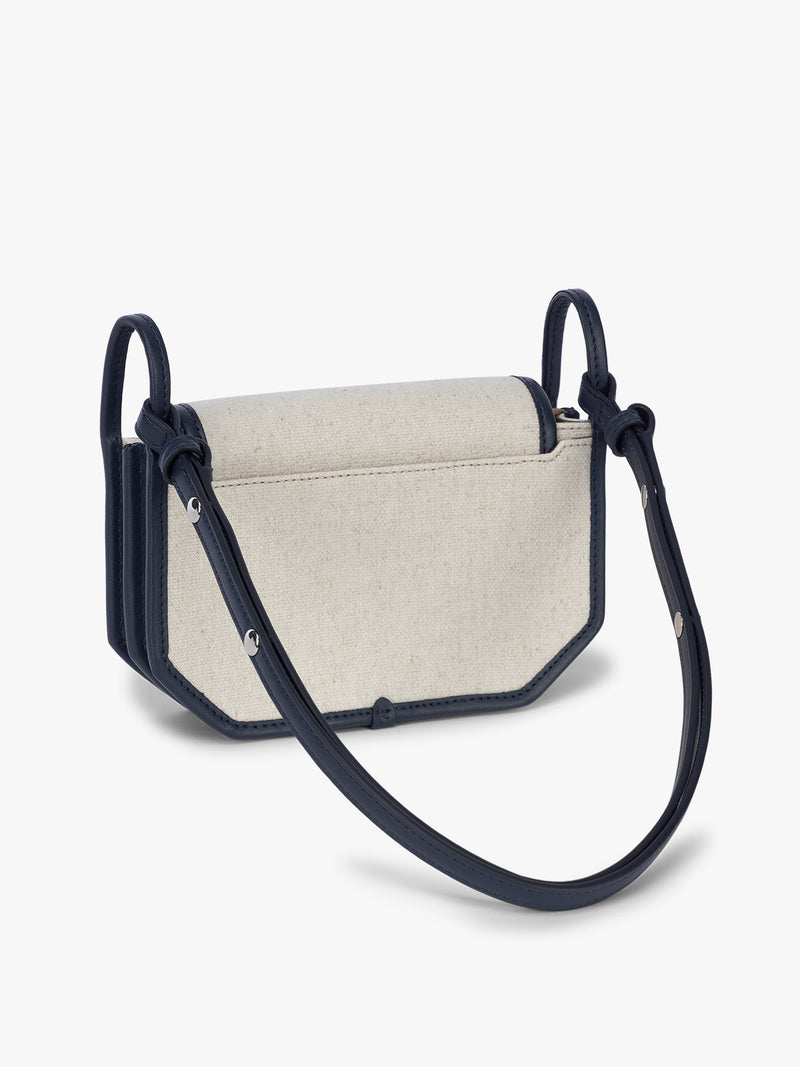 Backside of CALPAK Colette Canvas Crossbody Wallet Bag in Natural Brown with beige canvas material and blue finishing