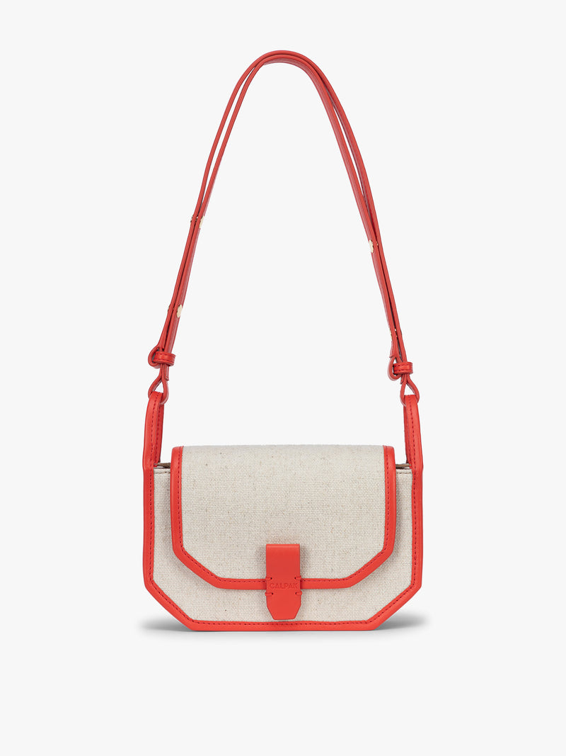 CALPAK Colette Canvas Crossbody Wallet Bag in Natural Brown with beige canvas material and red finishing