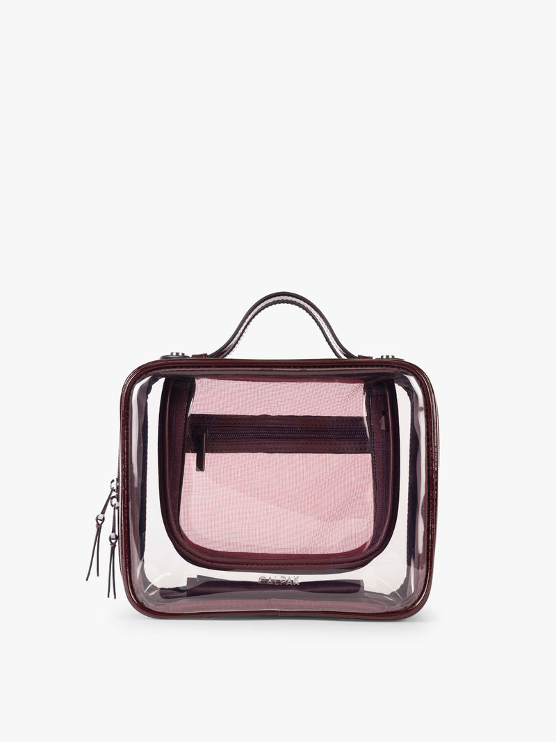 CALPAK Medium Clear Cosmetic Case in maroon Glazed Dark Cherry on a white background