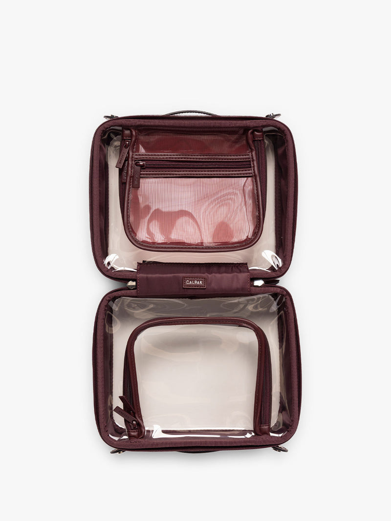 CALPAK Medium Clear Cosmetic Case in maroon Glazed Dark Cherry opened view on a white background