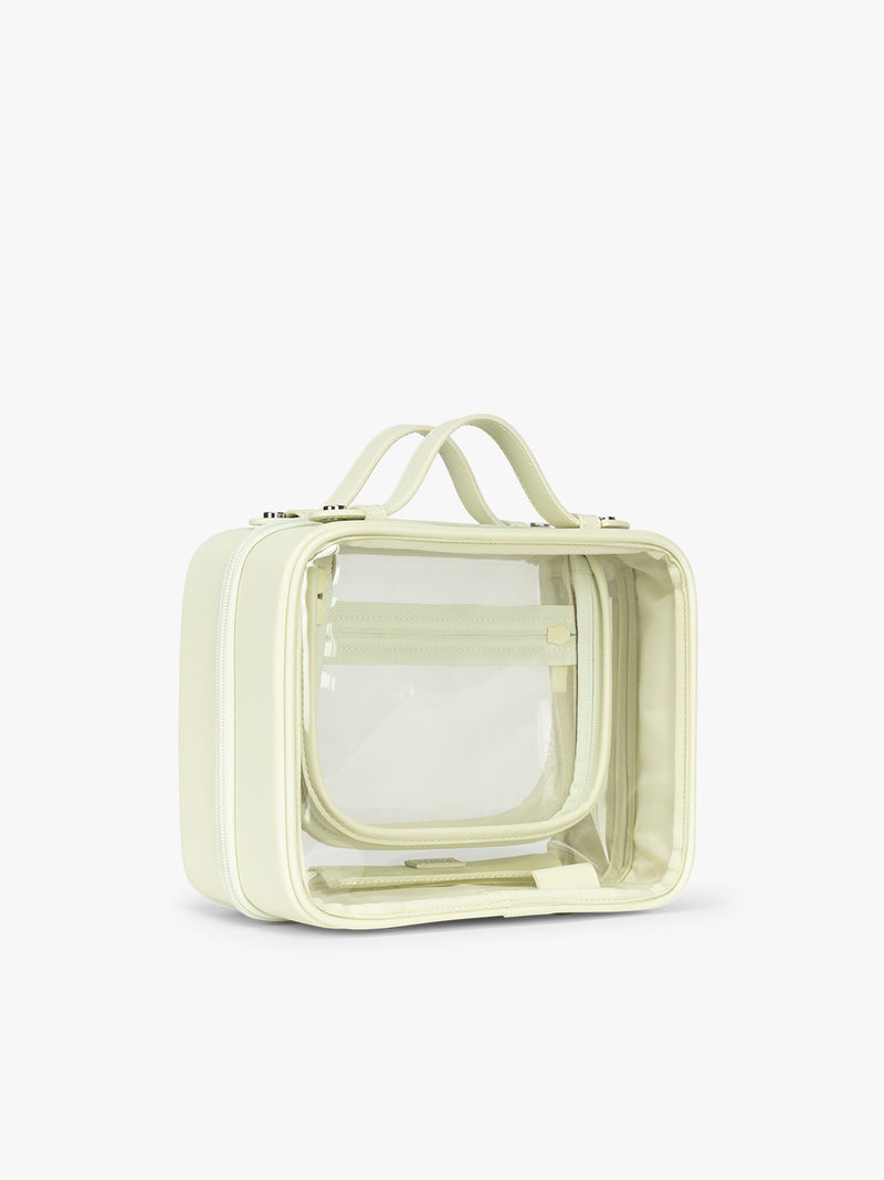Side view of CALPAK Medium Clear Cosmetic Case in light green Celadon