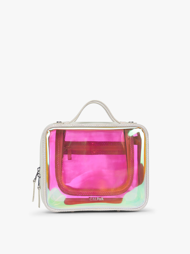 CALPAK Medium Clear Cosmetics Case with white border and iridescent, holographic, and transparent case in Moonbeam on a white background