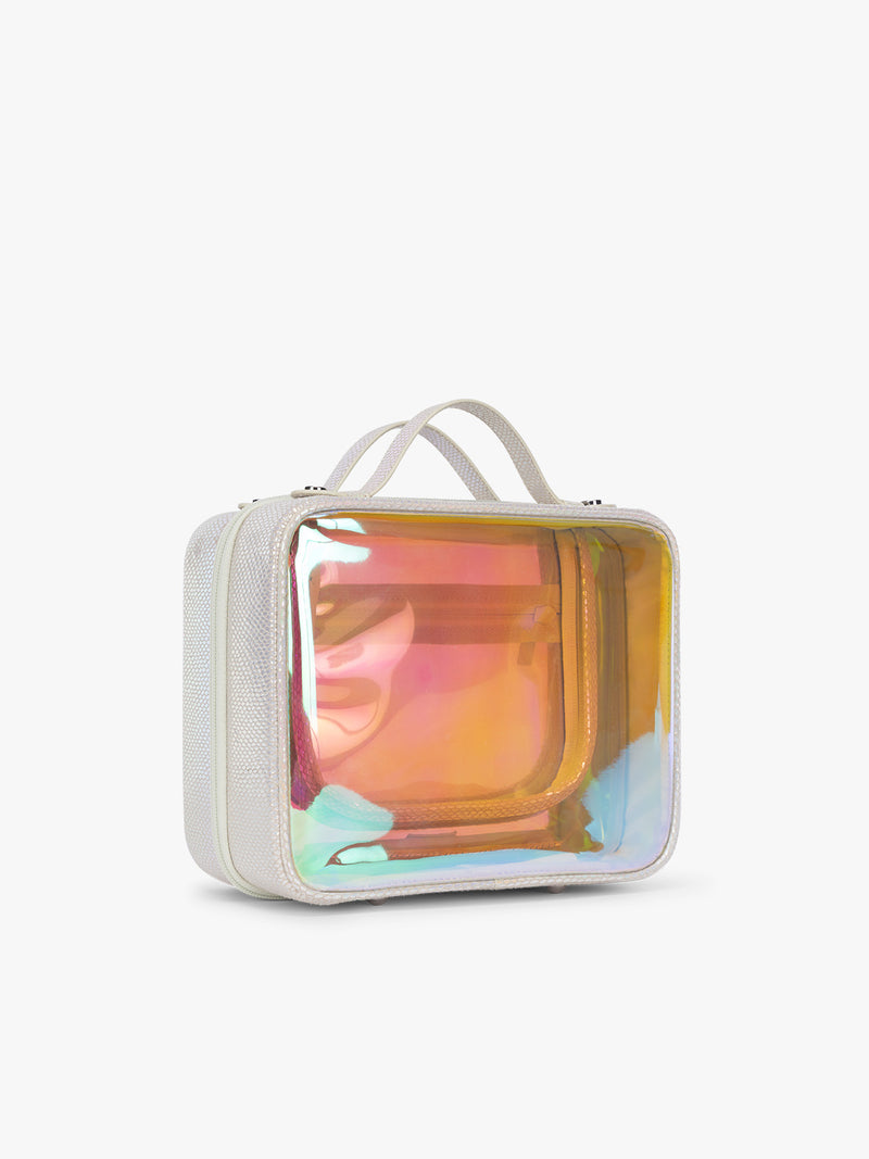 Side view of the CALPAK Medium Clear Cosmetics Case with white border and iridescent, holographic, and transparent case in Moonbeam on a white background