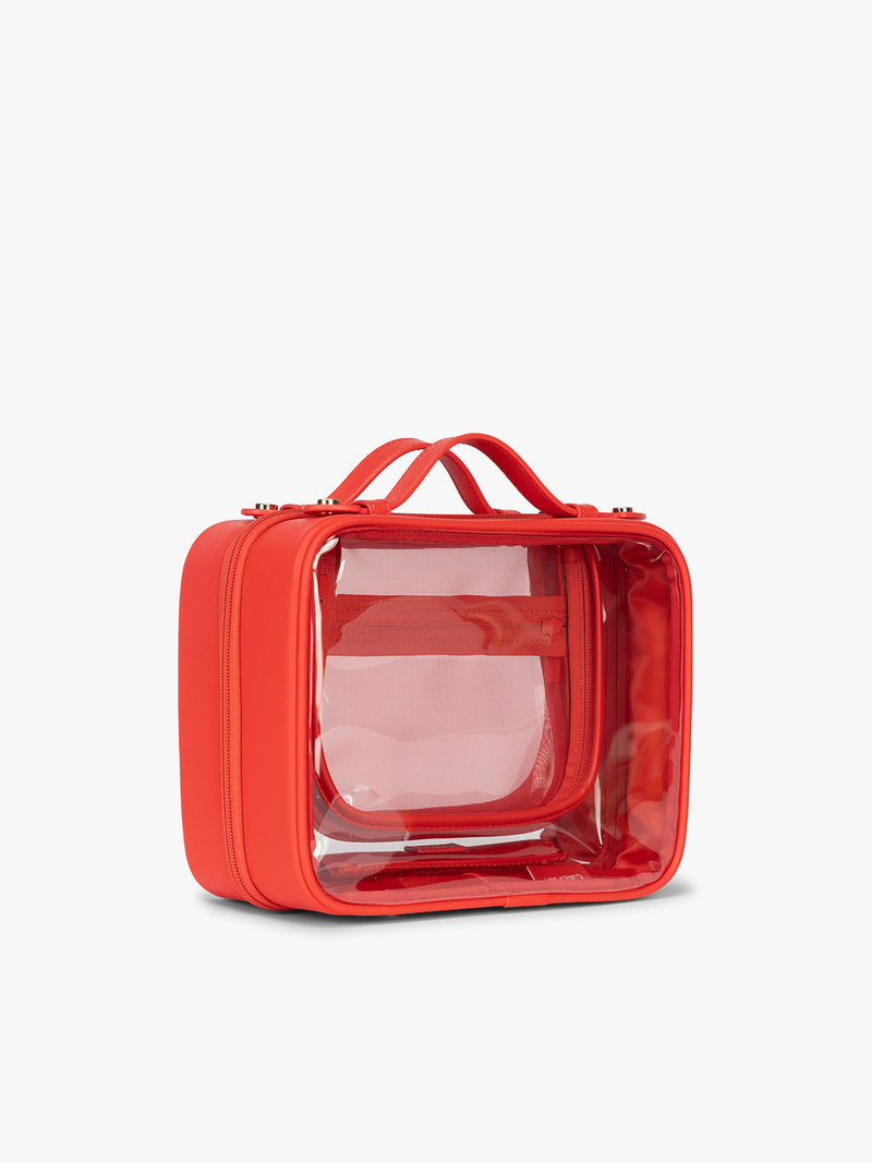 Side view of CALPAK Medium Clear Cosmetic Case in red Tomato