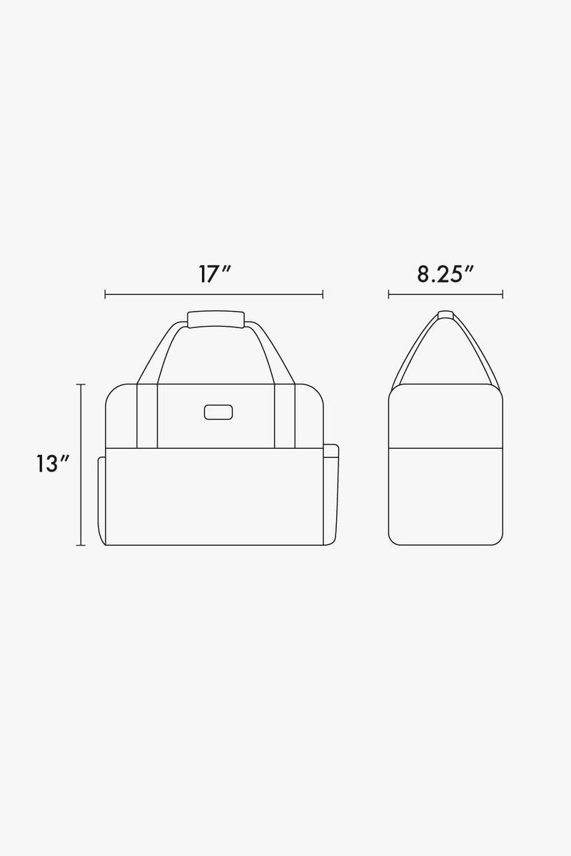 CALPAK Connect Laptop Duffel line drawing diagram showing dimensions of 13"x17"x8.25"