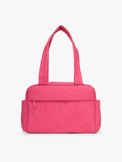 CALPAK Luka Mini Duffel in bright pink on a white background; DLM2501-DRAGONFRUIT view 1