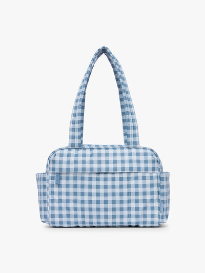 CALPAK Luka Mini Duffel in white and blue gingham print in French Blue Gingham; DLM2501-FRENCH-BLUE-GINGHAM view 1