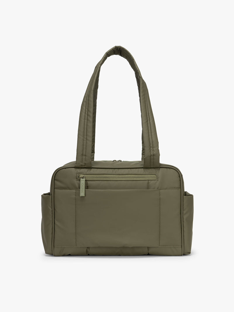 CALPAK Luka Mini Duffel in dark green Pine back view with zipper
