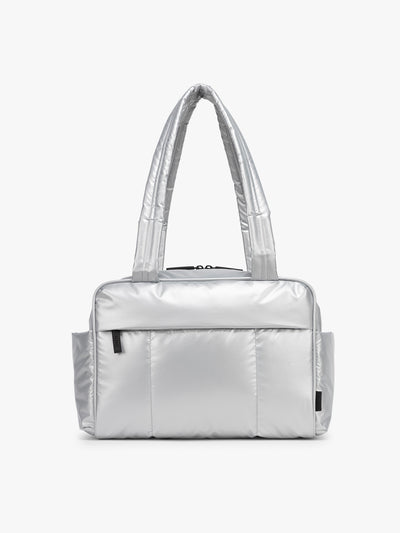 CALPAK Luka Mini Duffel in shiny Silver on a white background; DLM2501-SILVER view 1