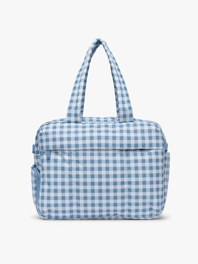 CALPAK Luka Duffel in white and blue gingham print in French Blue Gingham; DSM1901-FRENCH-BLUE-GINGHAM view 1