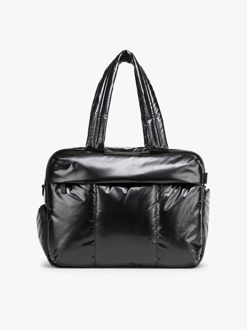 CALPAK Luka Duffel in shiny black on a white background