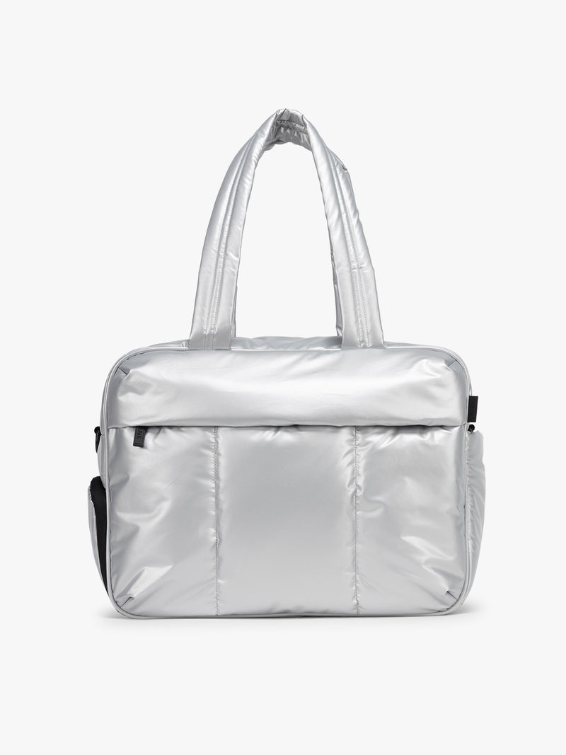CALPAK Silver Luka Duffel front viewon a white background