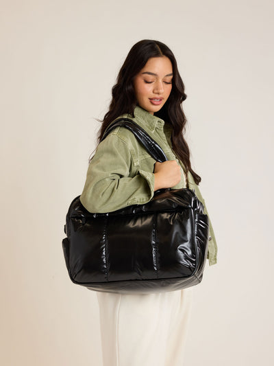 CALPAK Luka Duffel in shiny black on a white background; DSM1901-GLAZED-BLACK view 2