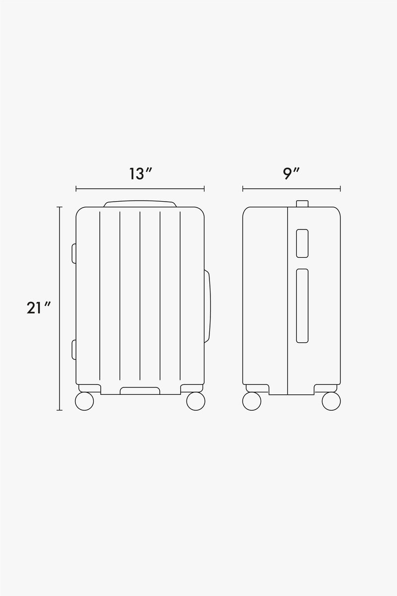 CALPAK Evry Carry On Luggage line drawing diagram showing dimension size of 21" x 13" x 9"