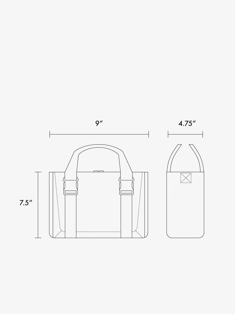 Line drawing of a bag with dimensions labeled on a white background of the CALPAK Fit Crossbody Gym Bag