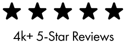 Five black stars with text '4k+ 5-Star Reviews' on a white background
