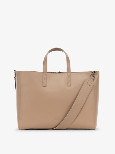 CALPAK Haven laptop tote bag with crossbody strap in taupe; ATO2102-TAUPE view 1