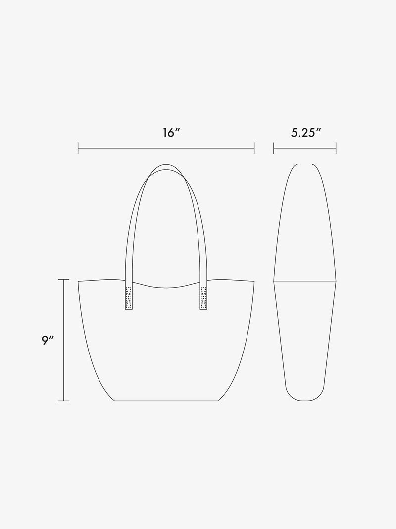 Line drawing of a tote bag with dimensions on a white background