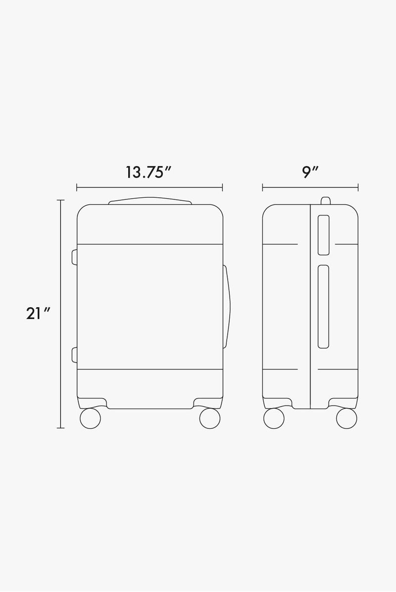 CALPAK Hue Carry On Luggage line drawing graphic showing 21" x 13.85" x 9"