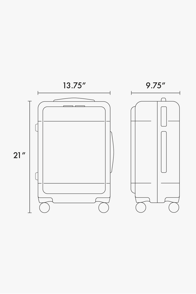 CALPAK Hue Front Pocket Luggage line drawing graphic showing dimensions of 21" x 13.75" x 9.75"