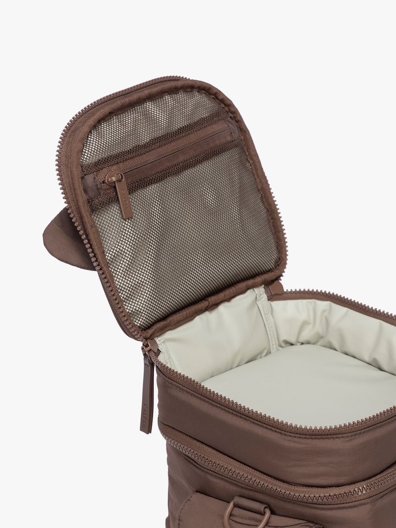 Opened an top mesh compartment of CALPAK Insulated Baby Bottle Bag in brown Hazelnut