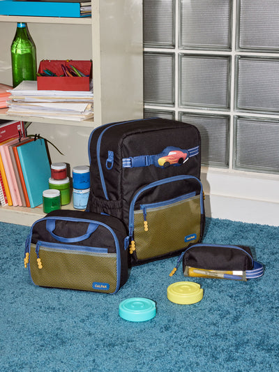 CALPAK Kids Collection Large Kids Backpack Bundle in Black that includes Kids Lunch Bag, Kids Pencil Case, red Car Pluffy Bag Charm, and Set of 2 Ice Packs; BCKL5000-BLACK view 2