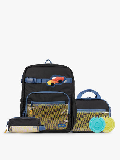 CALPAK Kids Collection Large Kids Backpack Bundle in Black that includes Kids Lunch Bag, Kids Pencil Case, red Car Pluffy Bag Charm, and Set of 2 Ice Packs; BCKL5000-BLACK view 1