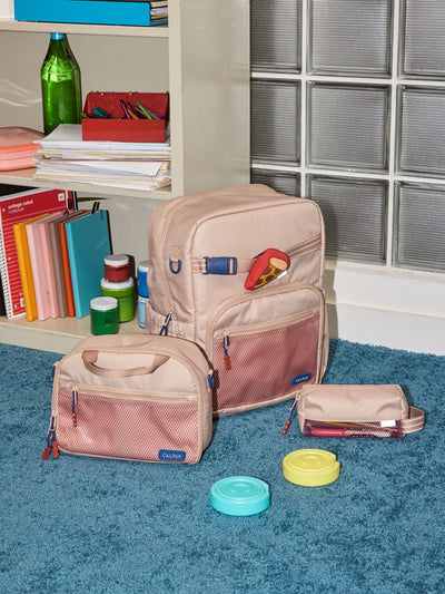 CALPAK Kids Collection Large Kids Backpack Bundle in brown/tan Khaki that includes Kids Lunch Bag, Kids Pencil Case, red and yellow PIzza Pluffy Bag Charm, and Set of 2 Ice Packs; BCKL5000-KHAKI view 2