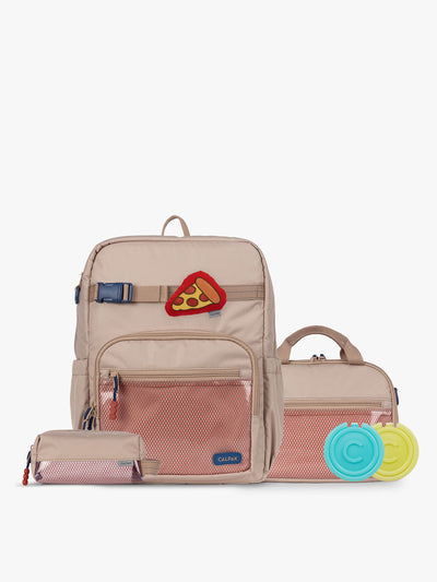 CALPAK Kids Collection Large Kids Backpack Bundle in brown/tan Khaki that includes Kids Lunch Bag, Kids Pencil Case, red and yellow PIzza Pluffy Bag Charm, and Set of 2 Ice Packs; BCKL5000-KHAKI view 1