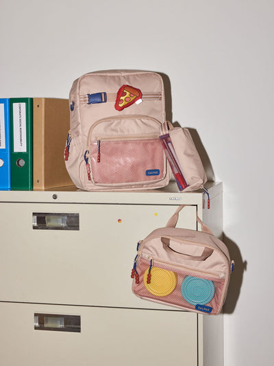 CALPAK Kids Collection Medium Kids Backpack Bundle in brown/tan Khaki that includes Kids Lunch Bag, Kids Pencil Case, red and yellow PIzza Pluffy Bag Charm, and Set of 2 Ice Packs; BCKM5000-KHAKI view 2