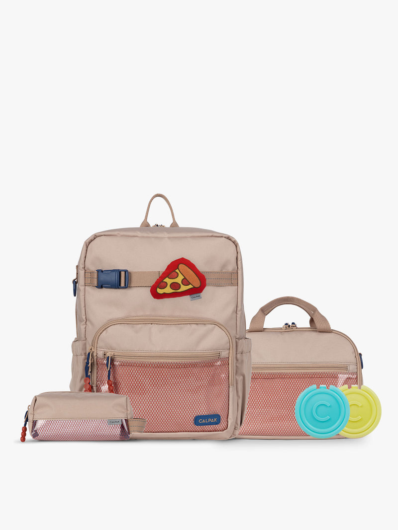 CALPAK Kids Collection Medium Kids Backpack Bundle in brown/tan Khaki that includes Kids Lunch Bag, Kids Pencil Case, red and yellow PIzza Pluffy Bag Charm, and Set of 2 Ice Packs
