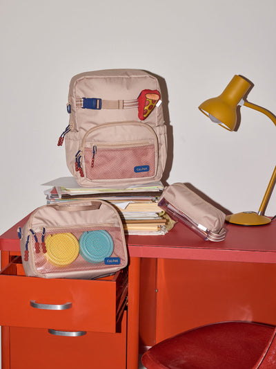 CALPAK Kids Collection Small Kids Backpack Bundle in brown/tan Khaki that includes Kids Lunch Bag, Kids Pencil Case, red and yellow PIzza Pluffy Bag Charm, and Set of 2 Ice Packs; BCKS5000-KHAKI view 2