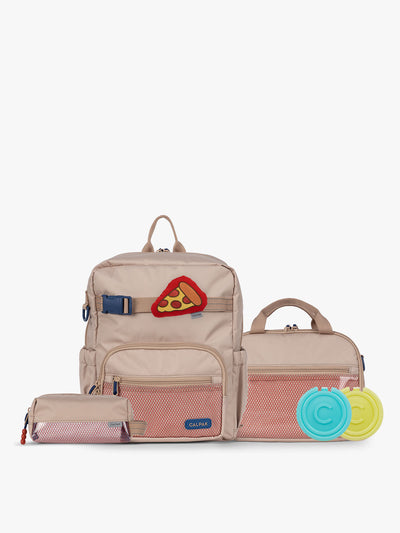 CALPAK Kids Collection Small Kids Backpack Bundle in brown/tan Khaki that includes Kids Lunch Bag, Kids Pencil Case, red and yellow PIzza Pluffy Bag Charm, and Set of 2 Ice Packs; BCKS5000-KHAKI view 1