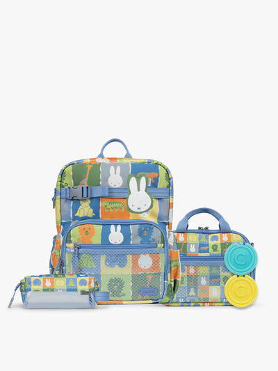 Colorful CALPAK + Miffy Kids Essentials Set with children's Medium backpack, lunch bag , pencil case set on a white background with blue accents and Miffy with other animals; BCKM5000-MIFFY-BLUE-ZOO-TRIP view 1