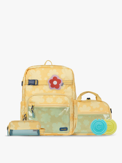 CALPAK Kids Collection Large Kids Backpack Bundle in yellow flower print Yellow Bloom that includes Kids Lunch Bag, Kids Pencil Case, red and pink Flower Pluffy Bag Charm, and Set of 2 Ice Packs; BCKL5000-YELLOW-BLOOM view 1