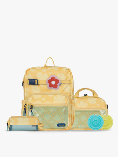 CALPAK Kids Collection Medium Kids Backpack Bundle in yellow flower print Yellow Bloom that includes Kids Lunch Bag, Kids Pencil Case, red and pink Flower Pluffy Bag Charm, and Set of 2 Ice Packs; BCKM5000-YELLOW-BLOOM view 1