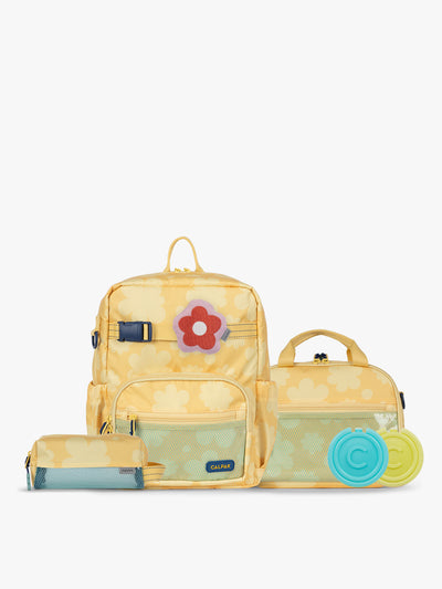 CALPAK Kids Collection Small Kids Backpack Bundle in yellow flower print Yellow Bloom that includes Kids Lunch Bag, Kids Pencil Case, red and pink Flower Pluffy Bag Charm, and Set of 2 Ice Packs; BCKS5000-YELLOW-BLOOM view 1