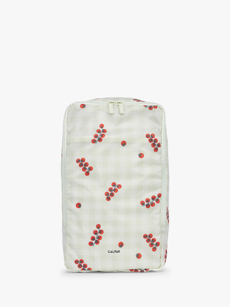 CALPAK Shoe Bag in white and green gingham pattern with tomato print