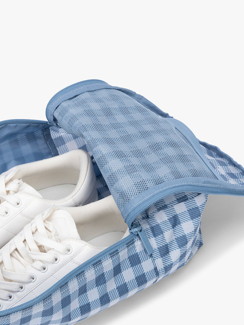 Mesh pocket in the CALPAK Shoe Cubes (set of 2) in blue and white gingham print in French Blue Gingham