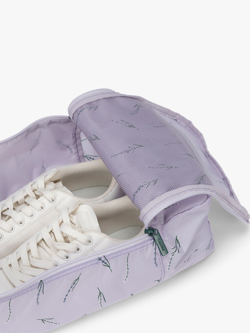 Mesh pocket of CALPAK Shoe Cubes (set of 2) in light purple lavender print in Lavender Bloom