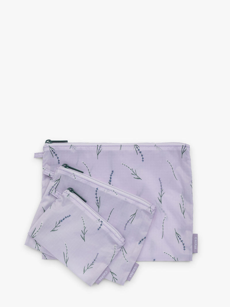 CALPAK Compakt Zip Pouch Set in light purple with lavender print